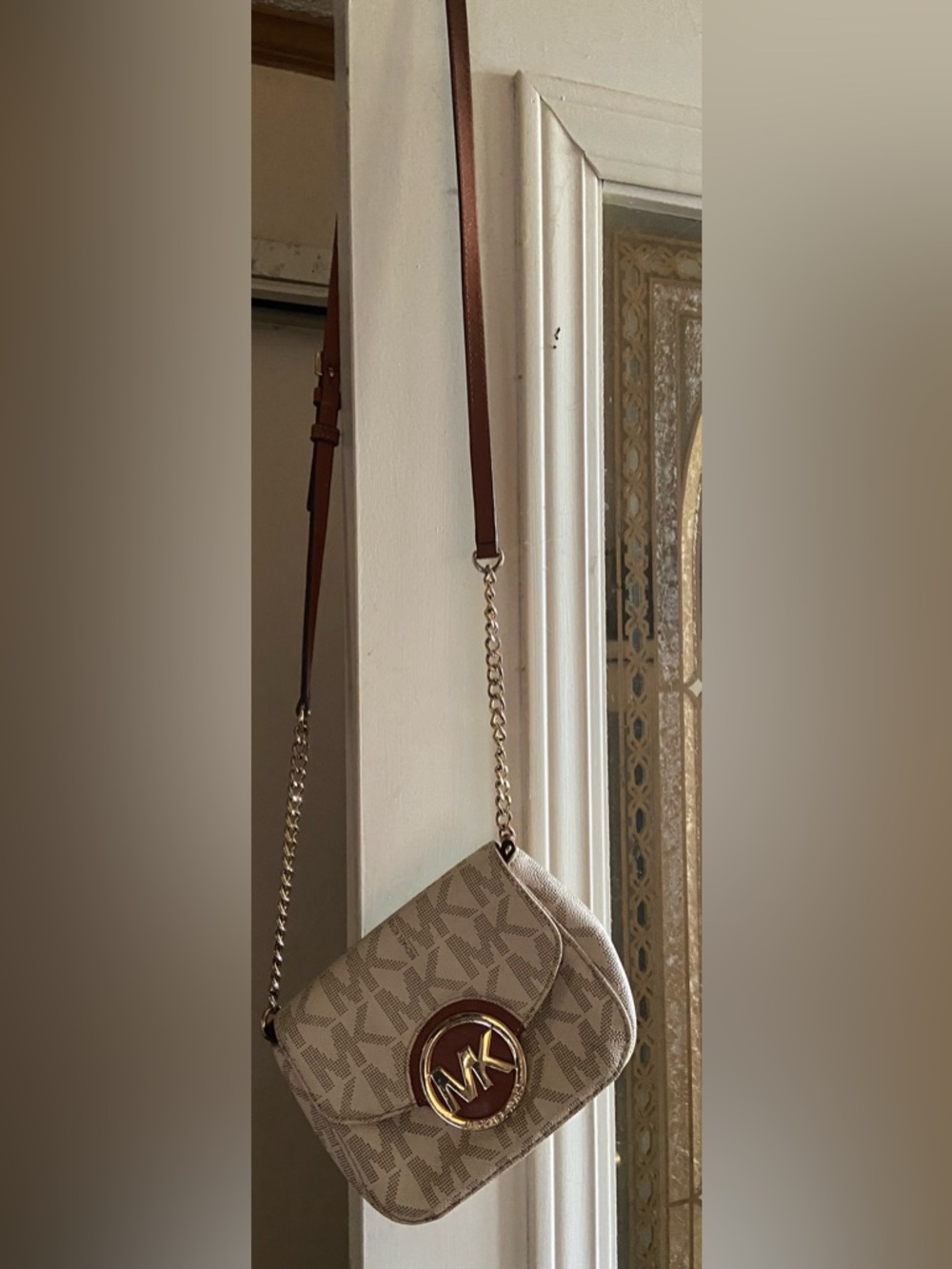 Michael Kors Beige Logo Crossbody Bag with Gold MK Accent with wallet.